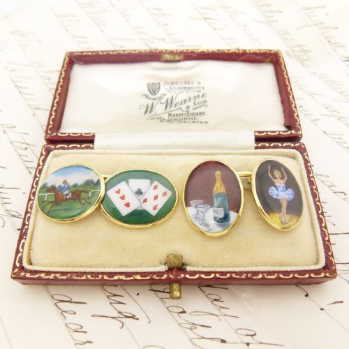 antique 18ct yellow gold enamel 'four vices' cufflinks - CATEGORY: ANTIQUE JEWELLERY - DATED 1910