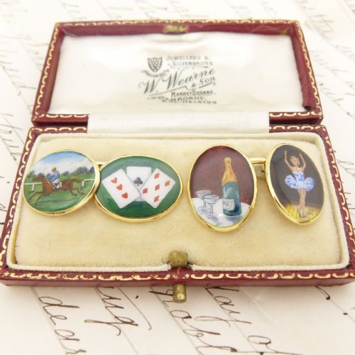 ANTIQUE 18CT YELLOW GOLD ENAMEL 'FOUR VICES' CUFFLINKS - ADDITIONAL PHOTO 1
