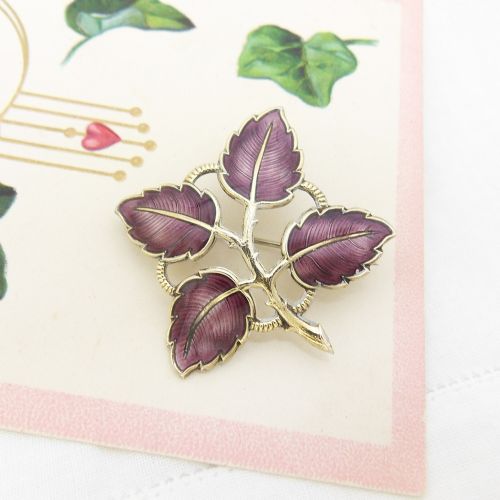 SCANDINAVIAN SILVER PURPLE ENAMEL LEAVES BROOCH BY AKSEL HOLMSEN