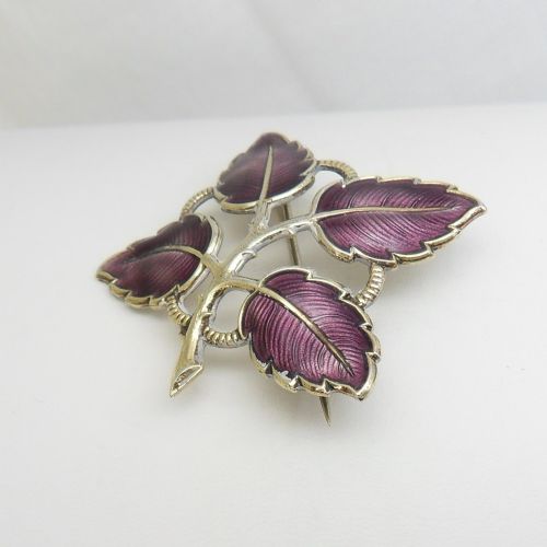 SCANDINAVIAN SILVER PURPLE ENAMEL LEAVES BROOCH BY AKSEL HOLMSEN - ADDITIONAL PHOTO 4