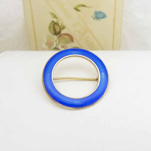 Vintage silver & blue enamel circle brooch by Norwegian designer Aksel Holmsen