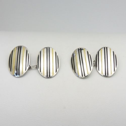 Pair of Art Deco Yellow & Black Enamel Cufflinks Marked Sterling Silver