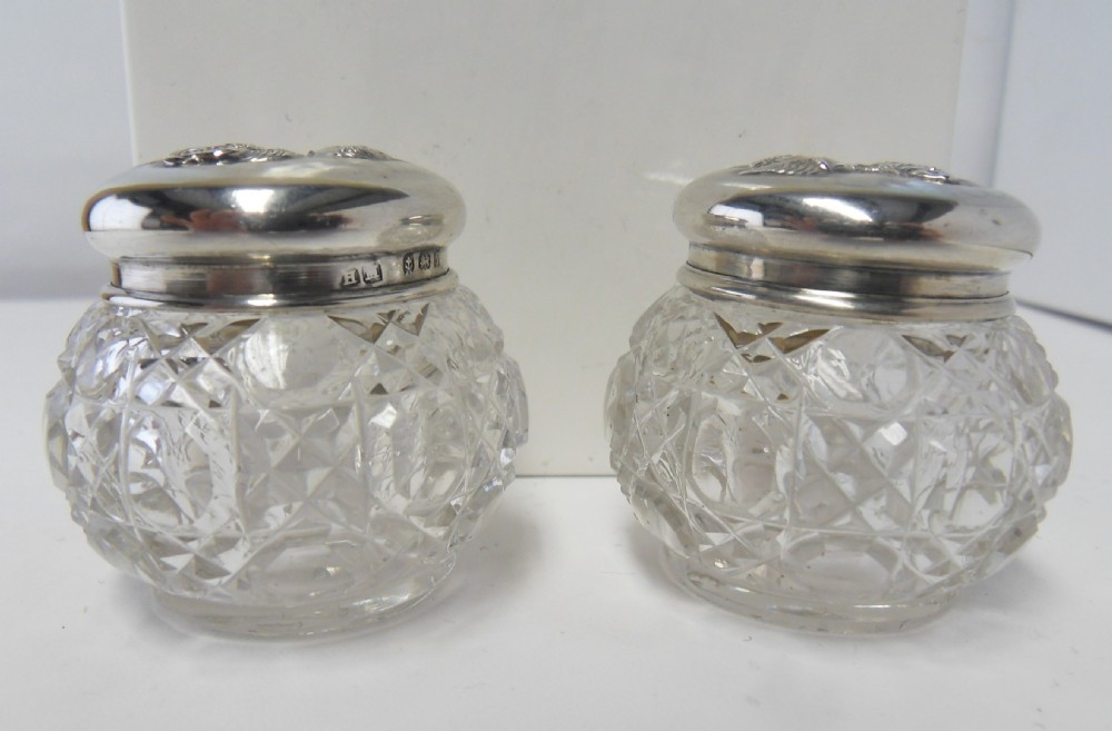 PAIR OF SILVER LIDDED 'REYNOLD'S ANGELS' POTS BIRMINGHAM 1908