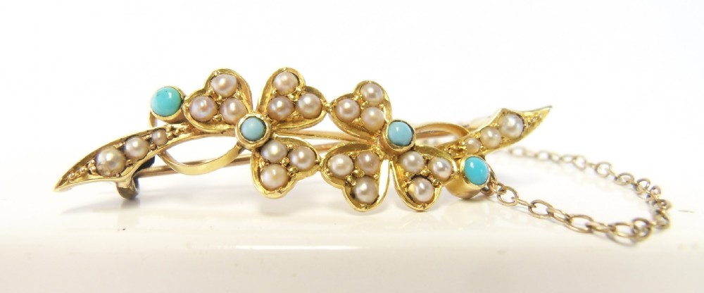 ANTIQUE TURQUOISE & SEED PEARL CLOVER BROOCH MARKED SS18