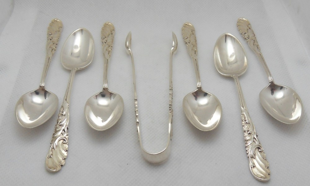  SET OF  SILVER TEASPOONS & SUGAR TONGS WALKER & HALL SHEFFIELD 1907