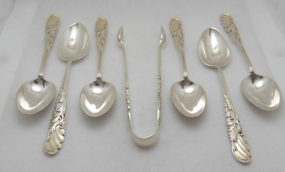  SET OF  SILVER TEASPOONS & SUGAR TONGS WALKER & HALL SHEFFIELD 1907 View XI