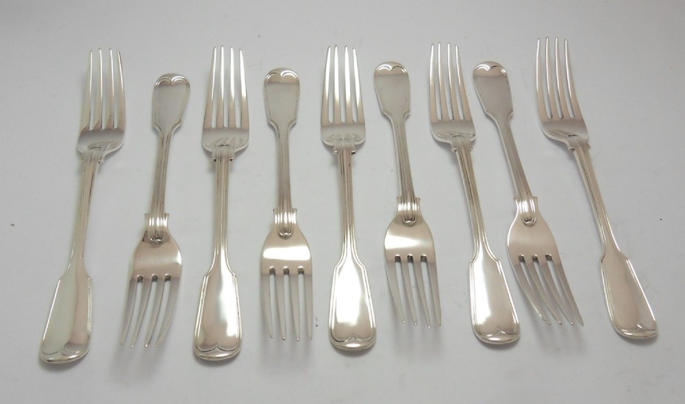 VICTORIAN SET OF 9 SILVER DESSERT FORKS FIDDLE & THREAD