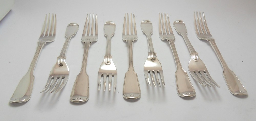 VICTORIAN SET OF 9 SILVER DESSERT FORKS FIDDLE & THREAD View II