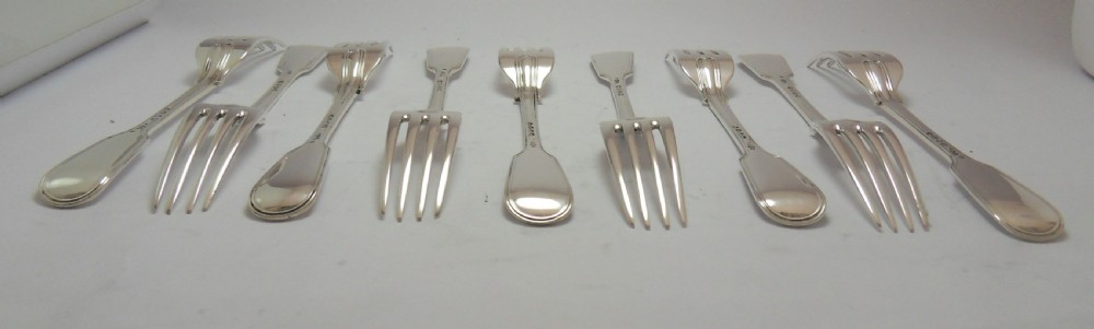 VICTORIAN SET OF 9 SILVER DESSERT FORKS FIDDLE & THREAD View V
