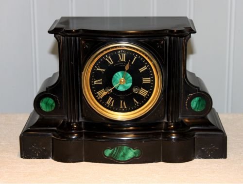 Polished Slate and Malachite Mantel Clock