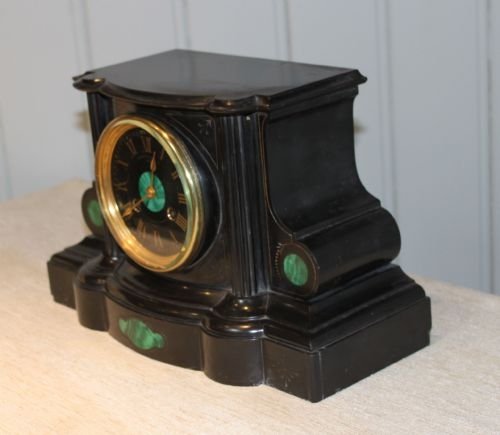 fig 1. polished slate and malachite mantel clock