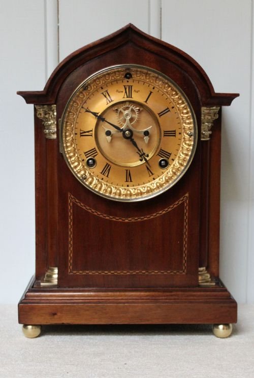 Mahogany and Inlay Visible Escapement Mantel Clock