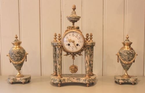 Verde Marble Portico Clock Garniture
