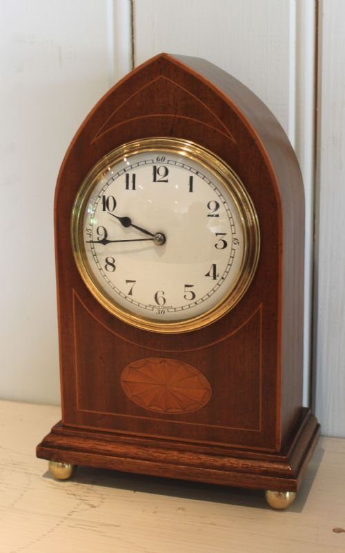 Mahogany and Inlaid Lancet Top Mantel Clock