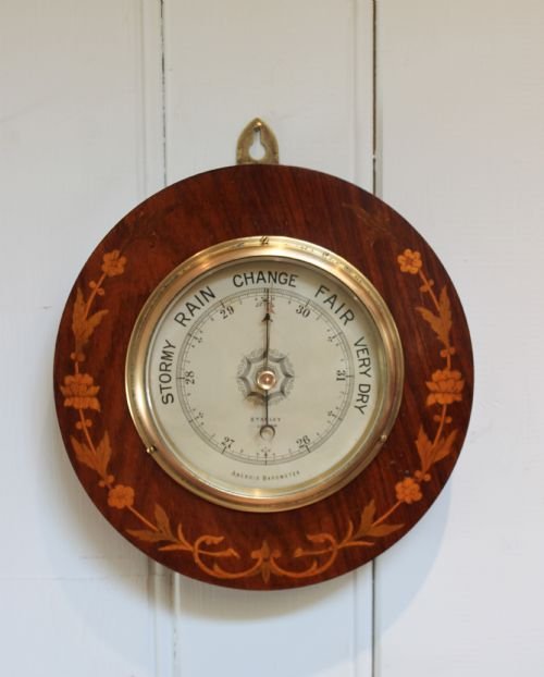 Walnut Floral Inlaid Aneroid Barometer
