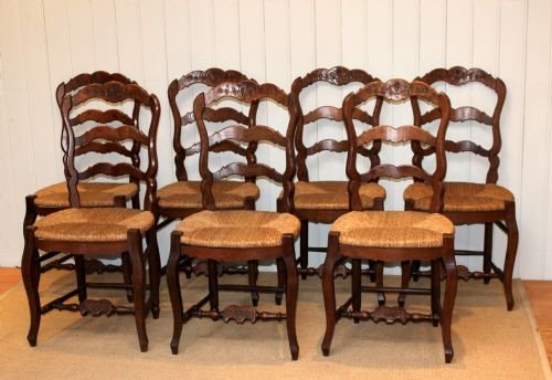 Set of Eight French Oak Rush Seated Chairs  

