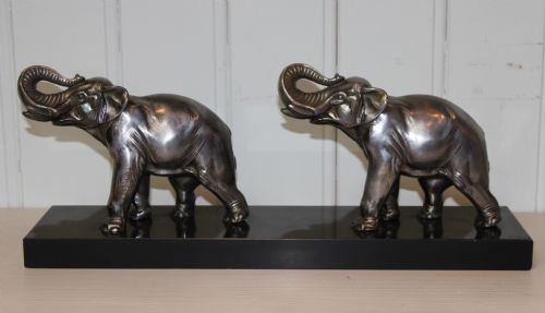 Pair of Art Deco Elephants on a Belgian Slate Base