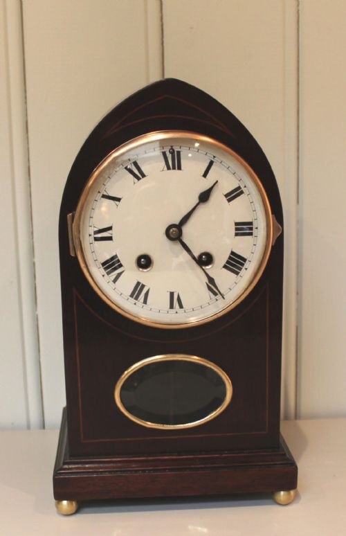 Edwardian Mahogany Lancet Top Mantel Clock