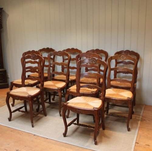 Set of Ten French Oak Rush Seat Dining Chairs