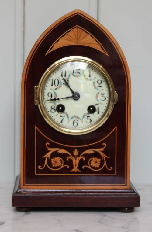 Mahogany and Inlay Lancet Top Mantel Clock
