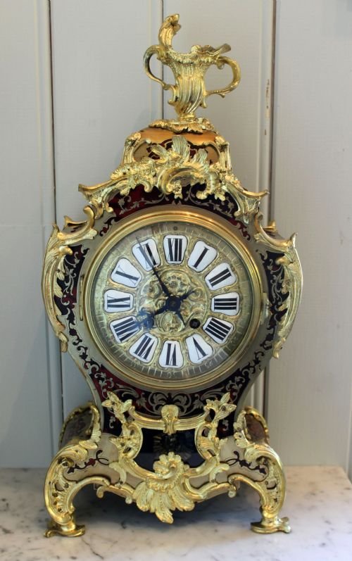 Stunning Red Tortoiseshell and Brass Inlaid Boulle Work Mantel Clock