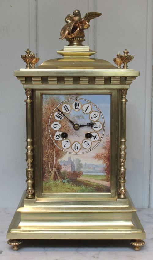Brass and Porcelain Panel Mantel Clock (France, C. 1880) 

