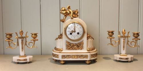 Small Alabaster and Ormolu Clock Garniture