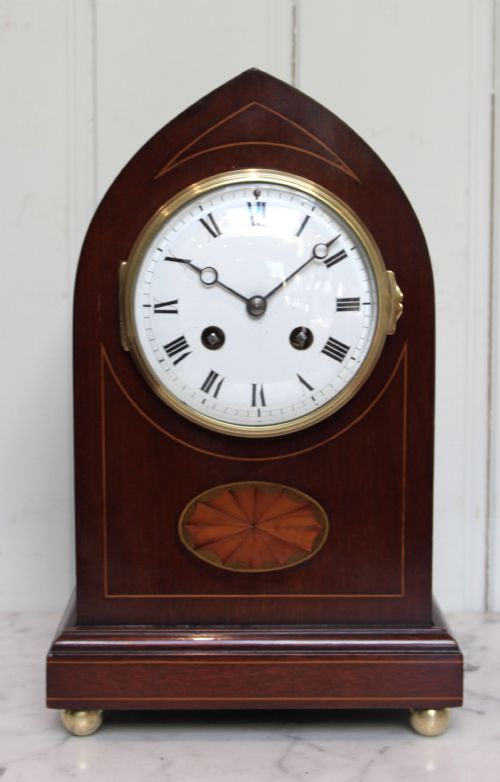 Ewardian Mahogany and Inlay Lancet Top Mantel Clock