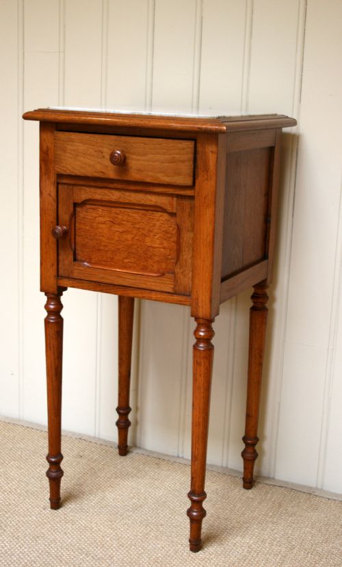 French Solid Oak Marble Topped Bedside Cupboard