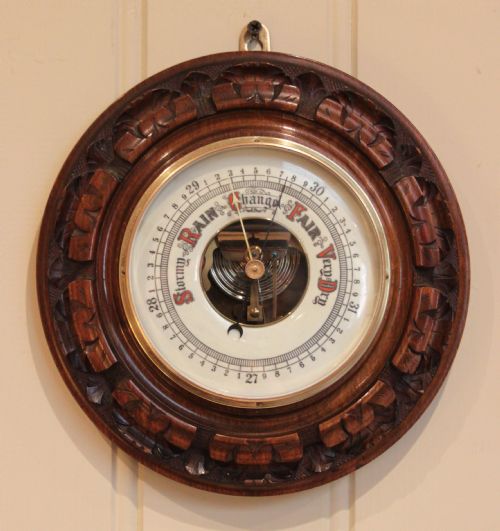 Circular Carved Beechwood Aneroid Barometer
