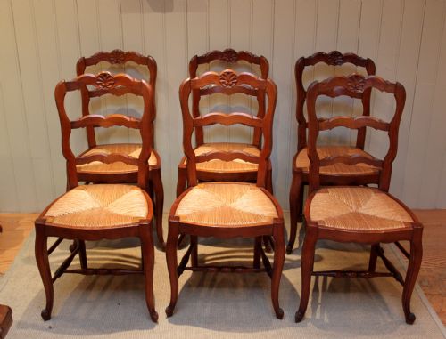 Set of Six Rush Seated Cherrywood Chairs