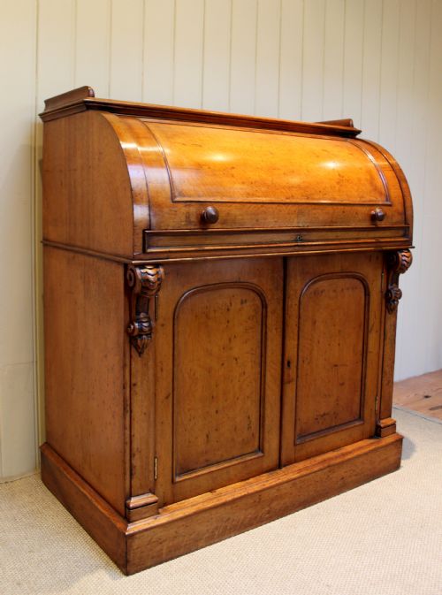 Mid Victorian Golden Oak Cylinder Top Cupboard Bureau