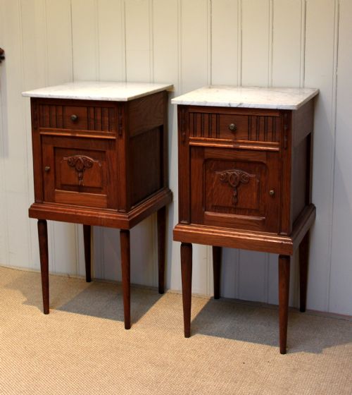 Pair of Oak Marble Top Bedside Cabinets