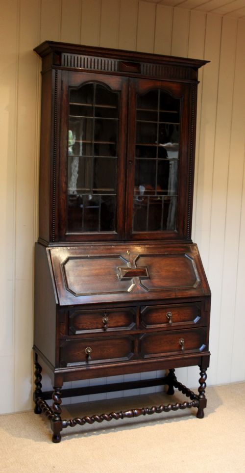 Solid Dark Oak Bureau Bookcase