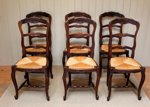 Set of Six French Oak Rush Seat Dining Chairs