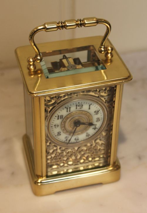 fig 1. Edwardian Timepiece Carriage Clock with Filigree Dial