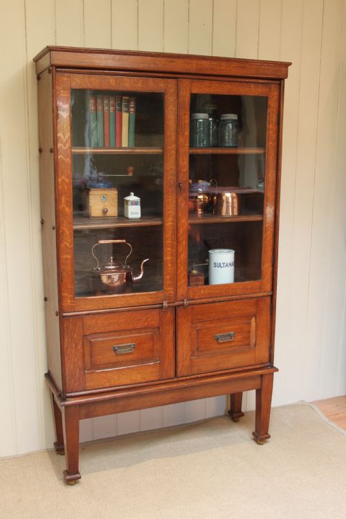 Edwardian Oak Two Door Glazed Cabinet
