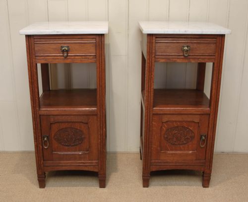 Pair of Oak Marble Top Bedside Cabinets