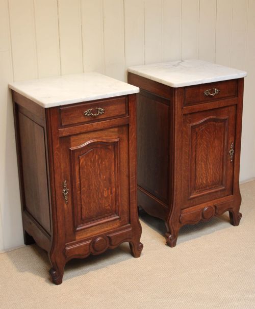 Pair of French Solid Oak Marble Top Bedside Cabinets