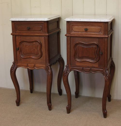 French Oak Marble Top Bedside Cabinets