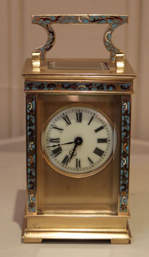 Brass and Champleve Enamel Timepiece Carriage Clock