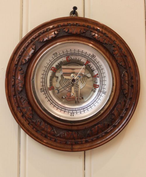 Circular Carved Beechwood Aneroid Barometer