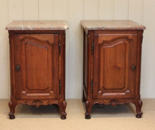 Pair of French Oak Marble Top Bedside Cabinets