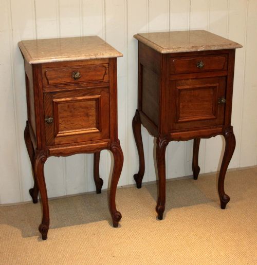 Pair of French Oak Marble Top Bedside Cabinets