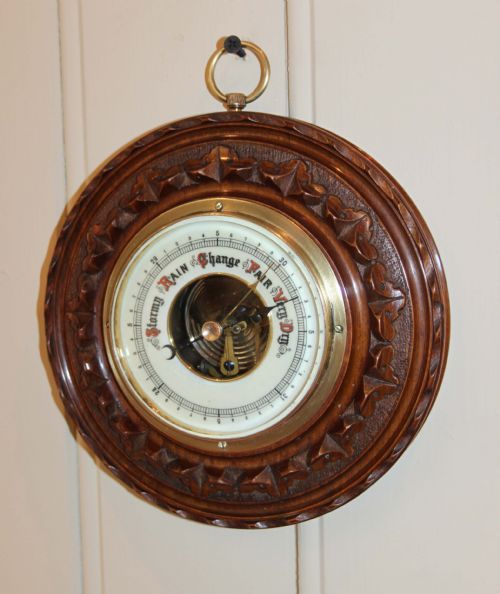 #Carved Cicular Oak Aneroid Barometer