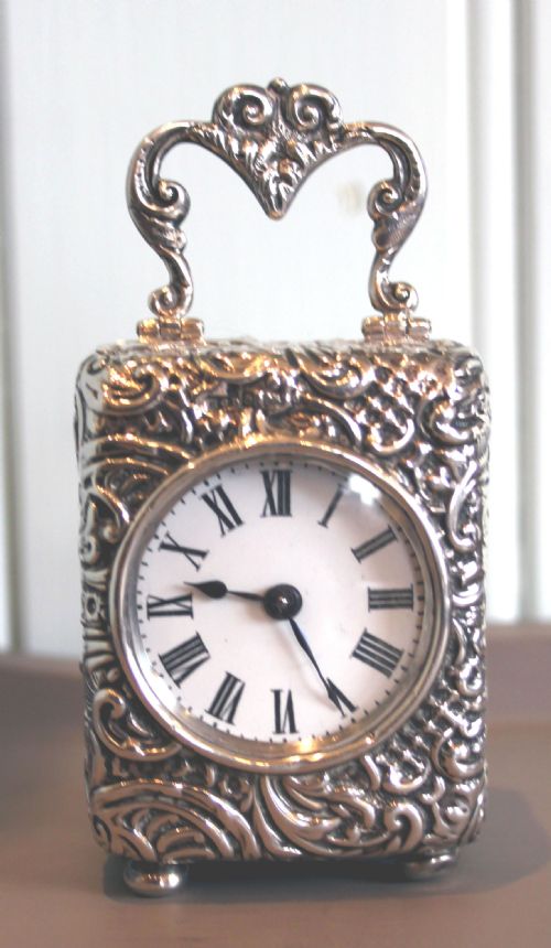 Small Embossed Solid Silver Carriage Clock