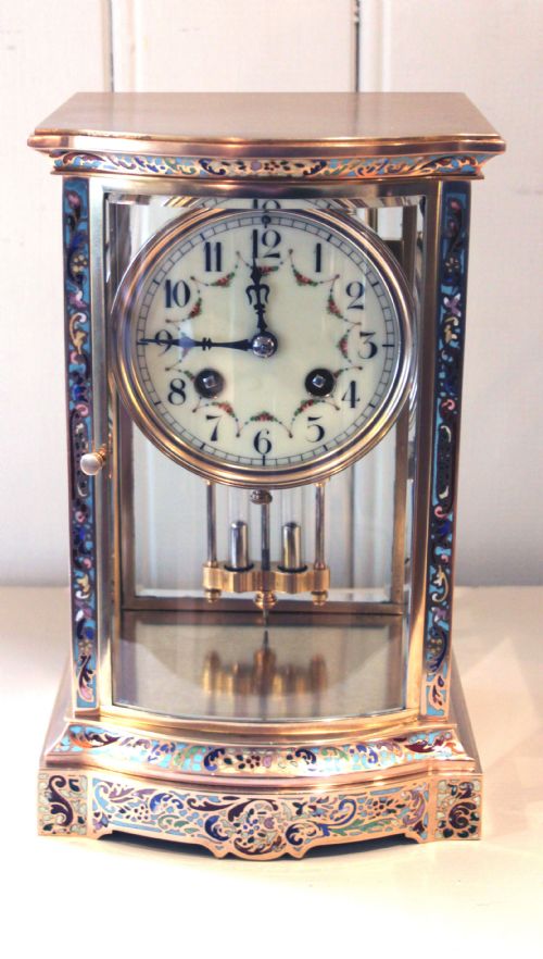 Bow Fronted Champleve Enamel Four Glass Clock