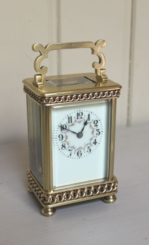 Edwardian Floral Dial Brass Carriage Clock with Case