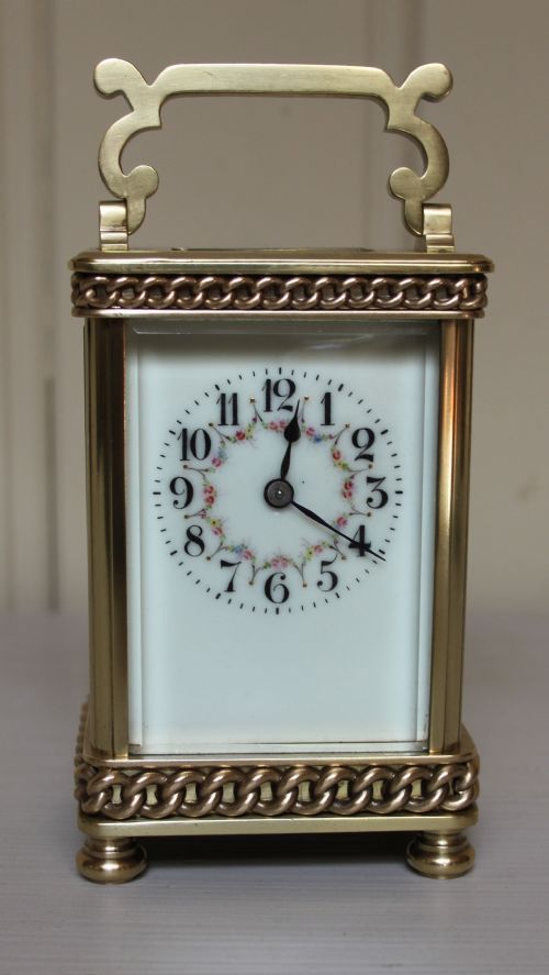 fig 1. Edwardian Floral Dial Brass Carriage Clock with Case