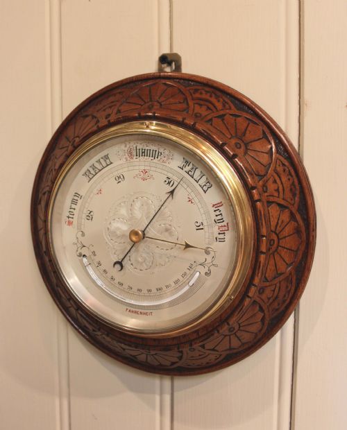 Carved Oak Circular Barometer
